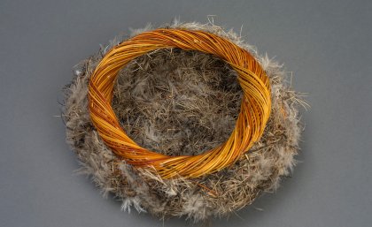 Wirtpi 2015: spinifex with emu feathers by Shirley Macnamara. Reproduced courtesy of the artist and Alcaston Gallery, Melbourne.